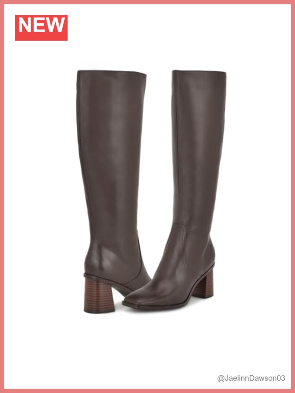 Nine West Dortha Knee-High Boots Leather Square Toe Flared Block Heel Zip